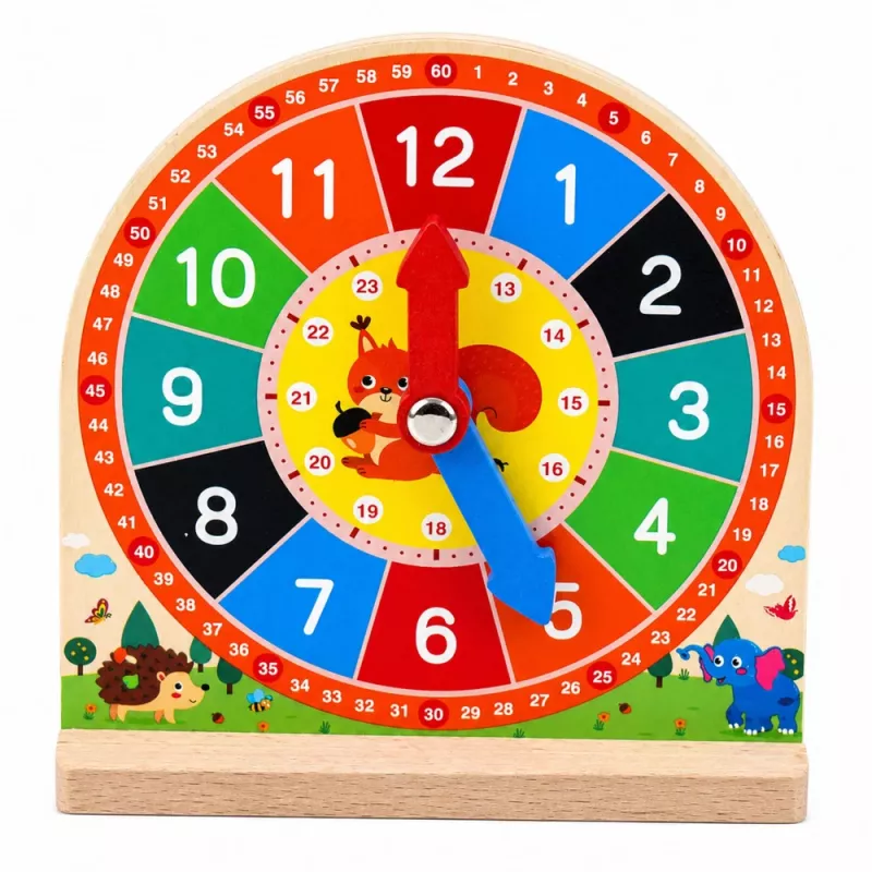 LEAN TOYS Orologio didattico in legno per imparare l'ora con lancette mobili e carte, 55 pezzi