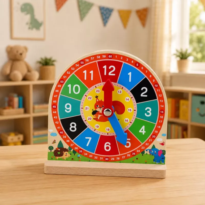 LEAN TOYS Orologio didattico in legno per imparare l'ora con lancette mobili e carte, 55 pezzi