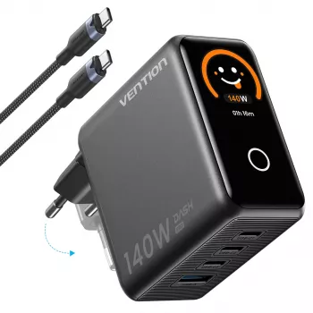 Vention caricabatterie GaN 140W con 1x USB-A, 3x USB-C e cavo USB-C su USB-C 1m