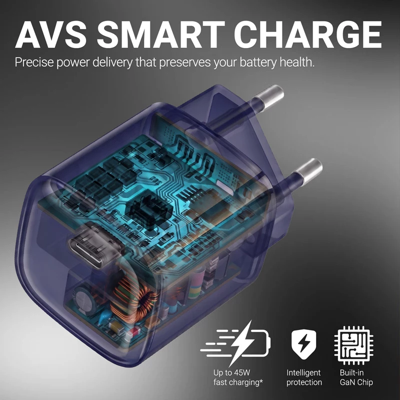 Crong NEO caricabatterie da parete GaN 40W USB-C PD 3.2 con AVS - blu navy
