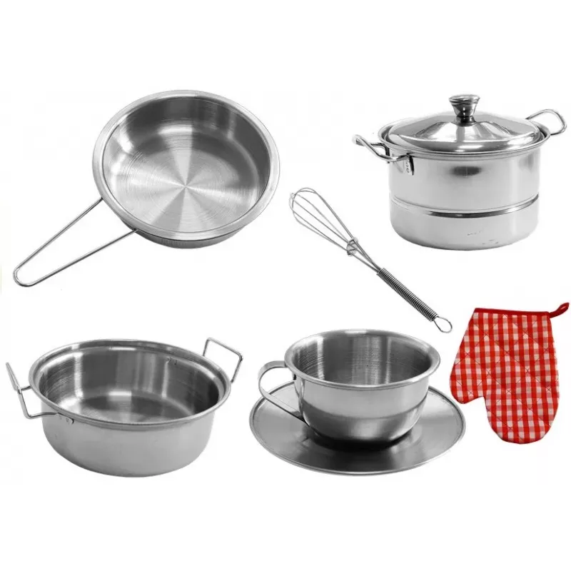 LEAN TOYS 6722 Set pentole e padelle in acciaio inox per bambini, 23 pezzi con utensili e cibo giocattolo, argento