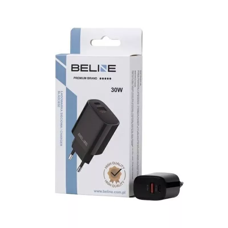 Beline caricabatterie da parete GaN 30W USB-C PD + USB-A QC nero (solo alimentatore)