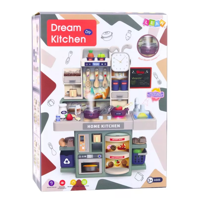 LEAN TOYS cucina giocattolo per bambini con acqua, vapore, luce e suoni, 33 accessori, multicolore