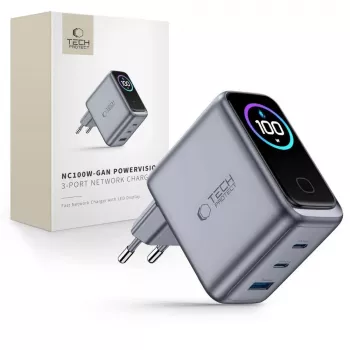 TECH-PROTECT PowerVision NC100W GaN caricabatterie da parete 100W 3 porte USB-C PD e USB-A QC3.0 - grigio scuro