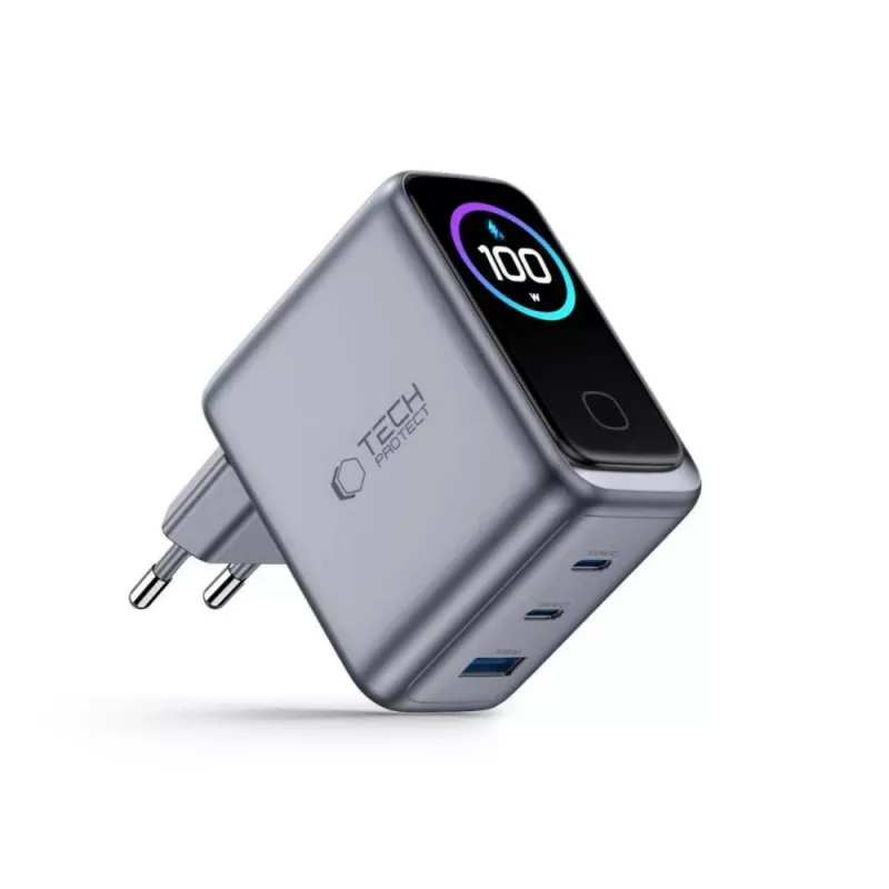 TECH-PROTECT PowerVision NC100W GaN caricabatterie da parete 100W 3 porte USB-C PD e USB-A QC3.0 - grigio scuro