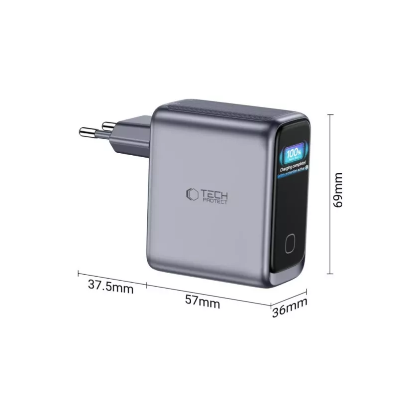 TECH-PROTECT PowerVision NC100W GaN caricabatterie da parete 100W 3 porte USB-C PD e USB-A QC3.0 - grigio scuro