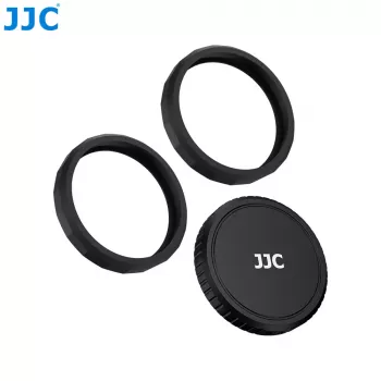 JJC LRR-OA6K2 set tappo obiettivo e anelli decorativi per DJI Osmo Action 6 (tappo nero, anelli rosso e blu)