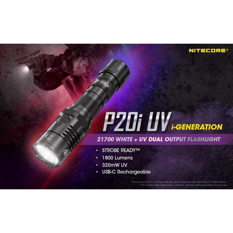 Nitecore NT-P20I-UV torcia tattica con luce UV, 1800 lumen, ricaricabile USB-C, IP68, nera