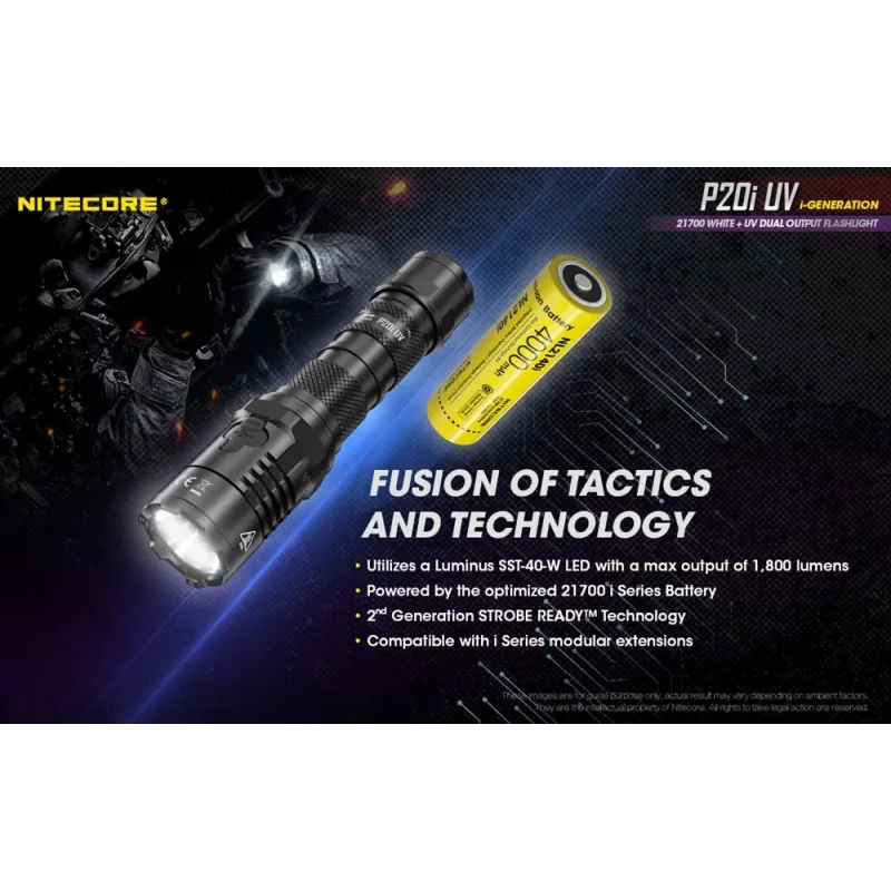 Nitecore NT-P20I-UV torcia tattica con luce UV, 1800 lumen, ricaricabile USB-C, IP68, nera