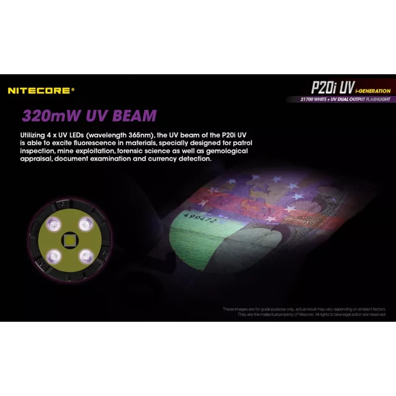 Nitecore NT-P20I-UV torcia tattica con luce UV, 1800 lumen, ricaricabile USB-C, IP68, nera