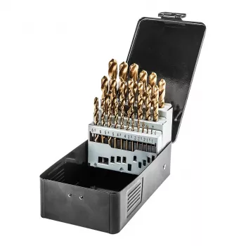 NEO TOOLS set da 25 punte elicoidali HSS-TiN per metallo, 1,0–13,0 mm, DIN 338, affilatura a croce 135°, cassetta in metallo