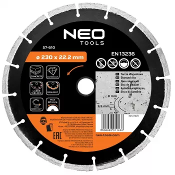 NEO TOOLS disco diamantato segmentato saldato al laser 230 mm per calcestruzzo e pietra, foro 22,2 mm