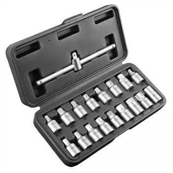 NEO TOOLS Set chiavi per tappo scarico olio attacco 3/8 pollice, 18 pezzi, cromo-vanadio, bussole quadre/esagonali/Torx/scanalate, valigetta in plastica