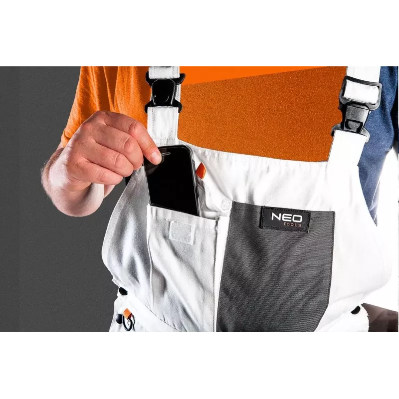 NEO TOOLS Salopette da lavoro HD con tasche per ginocchiere, taglia L/52, grigio/nero