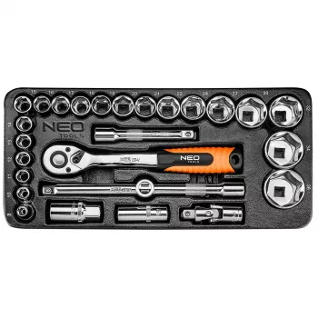 NEO TOOLS 84-238 Set bussole 1/2 pollice 27 pezzi con cricchetto, prolunghe, giunto cardanico, manico scorrevole e valigetta | Acciaio CrV | 10-32 mm