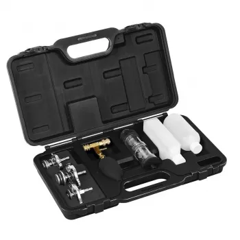 NEO TOOLS 11-271 Tester perdite guarnizione testata – kit rilevatore perdite combustione CO2 per motori benzina, diesel e GPL con 250 ml liquido blu di bromotimolo, adattatore conico universale e 10 adattatori radiatore specifici per marca