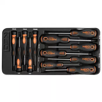 NEO TOOLS Set 12 pezzi cacciaviti di precisione e standard con PZ, TX, taglio, Phillips, punte magnetiche, acciaio cromo-vanadio, impugnature bicomponente, vaschetta portautensili