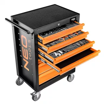 NEO TOOLS Armadio da officina con 7 cassetti e set utensili da 129 pezzi, rosso/nero, guide a cuscinetti, chiusura centralizzata, portata 400 kg
