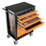 NEO TOOLS Armadio da officina con 7 cassetti e set utensili da 129 pezzi, rosso/nero, guide a cuscinetti, chiusura centralizzata, portata 400 kg