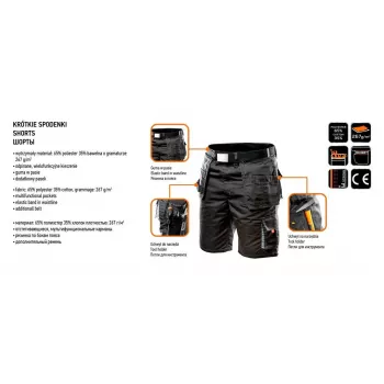 NEO TOOLS Shorts da lavoro HD con tasche rimovibili, taglia LD/54, Ebony