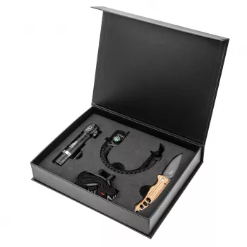 NEO TOOLS set sopravvivenza outdoor da 3 pezzi con torcia frontale COB LED 120 lumen, bracciale paracord 5-in-1 e coltello pieghevole in acciaio inox