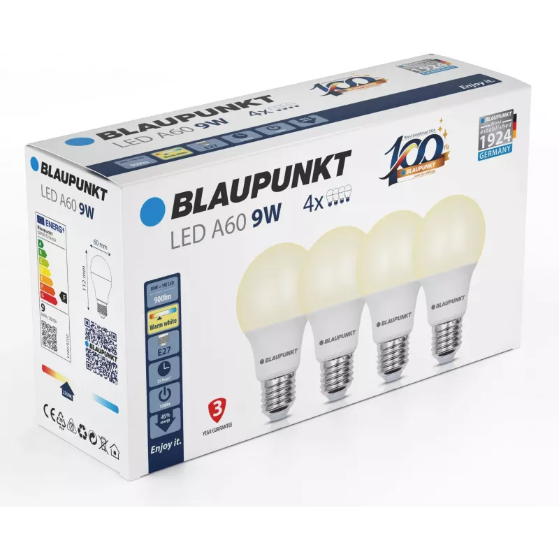 Blaupunkt lampadina LED E27 A60 9W, 900 lm, 2700 K, 4 pezzi (BLAUPUNKT-E27-9W-WW-4)