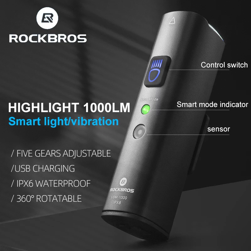 ROCKBROS V9M-1000 luce anteriore da bici ricaricabile USB-C 1000 lumen - nero