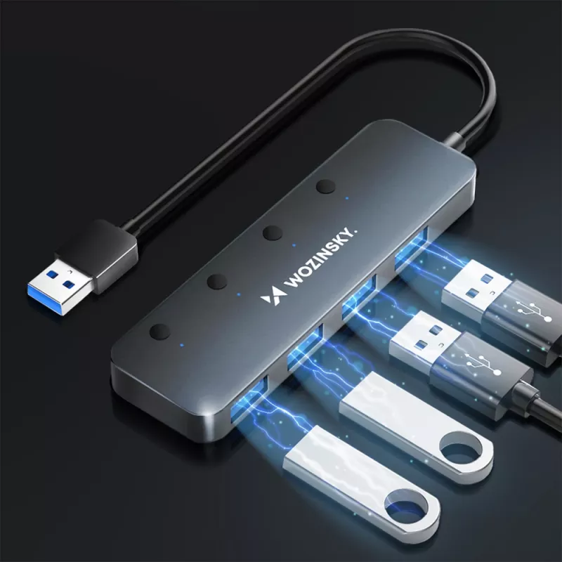 Wozinsky WHS080YSS hub USB-A 3.0 a 4 porte con interruttori singoli, alluminio, grigio, cavo 15 cm