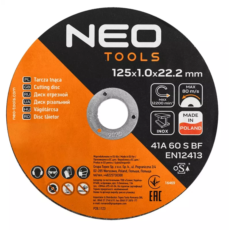 NEO TOOLS dischi da taglio 41A 60 S BF - 125x1,0x22,23 mm ACCIAIO/INOX, 100 pezzi in secchio