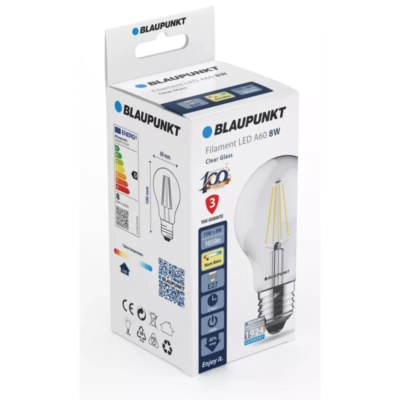 Blaupunkt lampadina LED a filamento E27 A60 8W, 1055 lm, 2700 K (BLAUPUNKT-F-E27-8-WW)