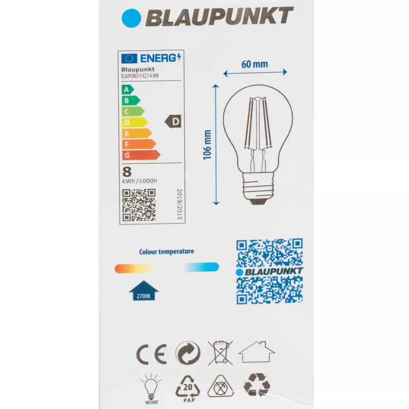 Blaupunkt lampadina LED a filamento E27 A60 8W, 1055 lm, 2700 K (BLAUPUNKT-F-E27-8-WW)