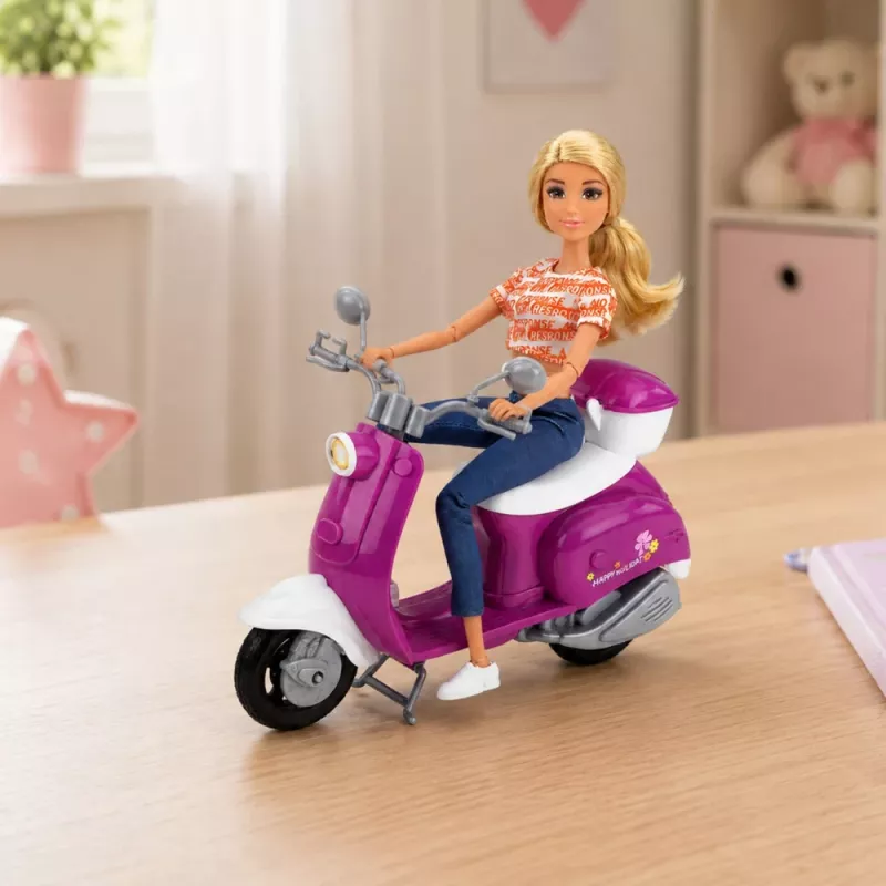 LEAN TOYS Anlily Bambola da viaggio su monopattino con occhiali, porta cellulare e accessori