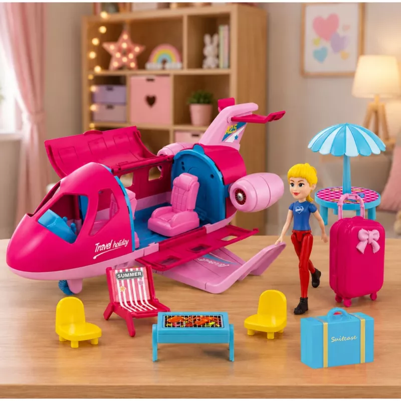 LEAN TOYS Aereo pieghevole per bambole set da viaggio accessori bambola rosa 9 pezzi