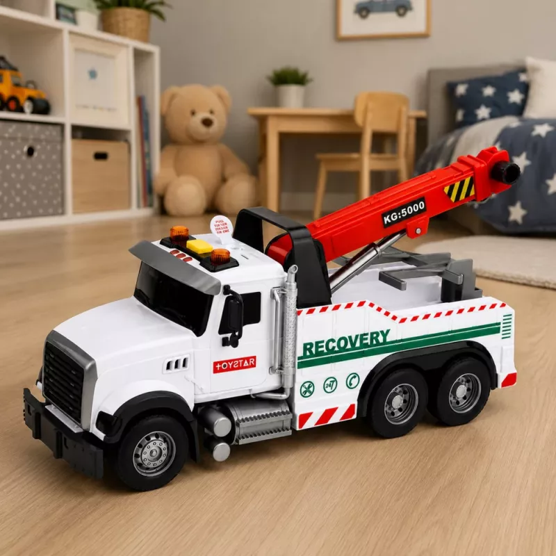 LEAN TOYS Veicolo da cantiere con gru regolabile, luci e suoni, bianco 1:14