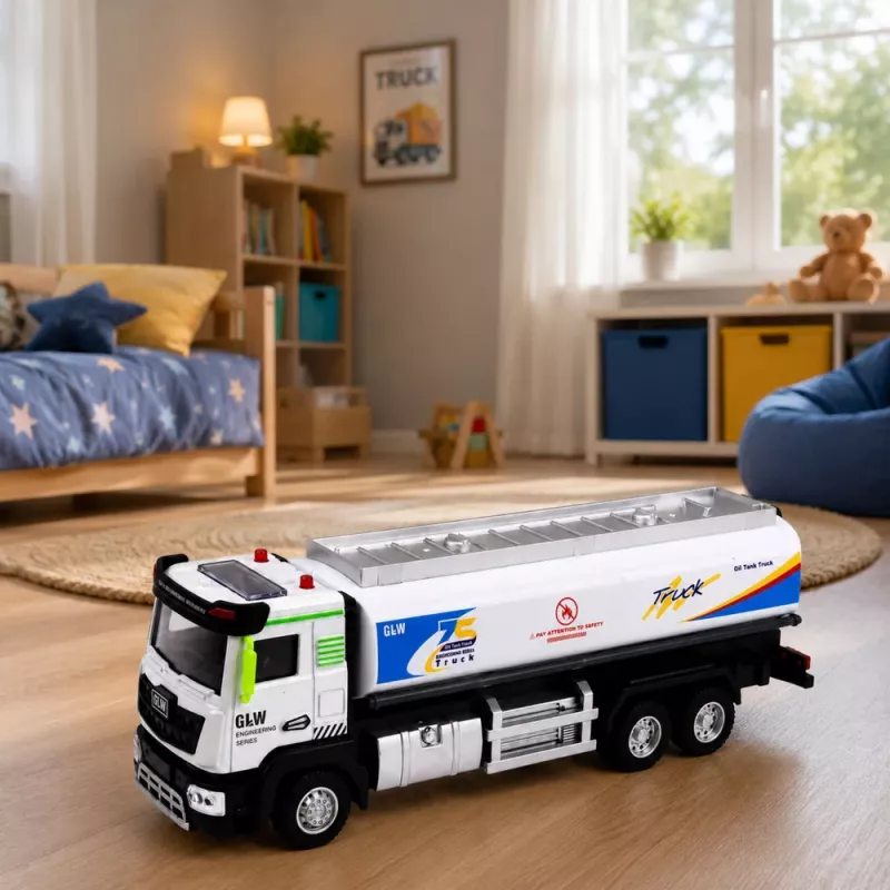 LEAN TOYS Autocisterna in metallo con frizione, luci e suoni, blu e bianco, scala 1:40