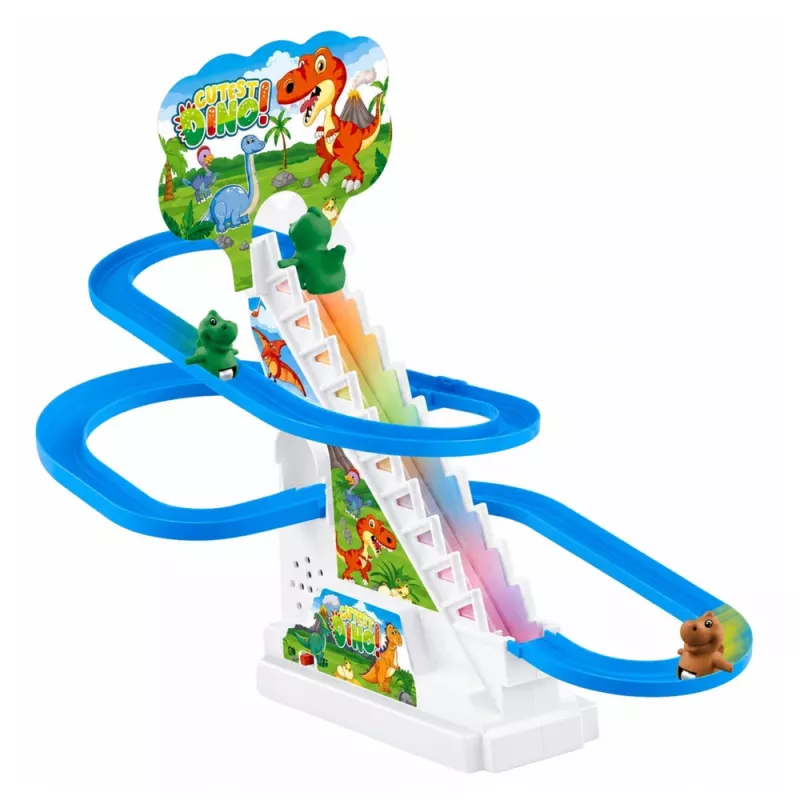 LEAN TOYS Pista da corsa scivolo dinosauri con gradini mobili, personaggi, luci e suoni