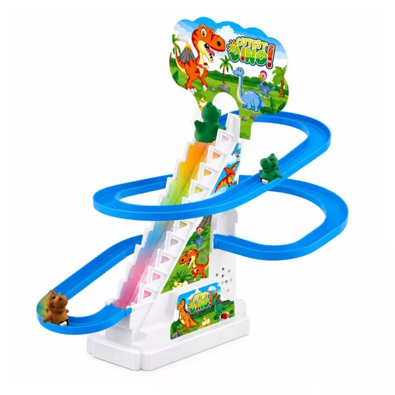 LEAN TOYS Pista da corsa scivolo dinosauri con gradini mobili, personaggi, luci e suoni
