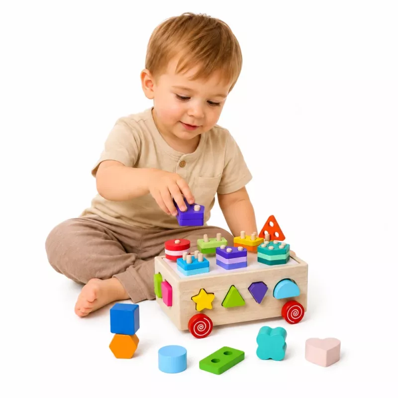 LEAN TOYS Giocattolo educativo Montessori in legno incastro su ruote forme e numeri