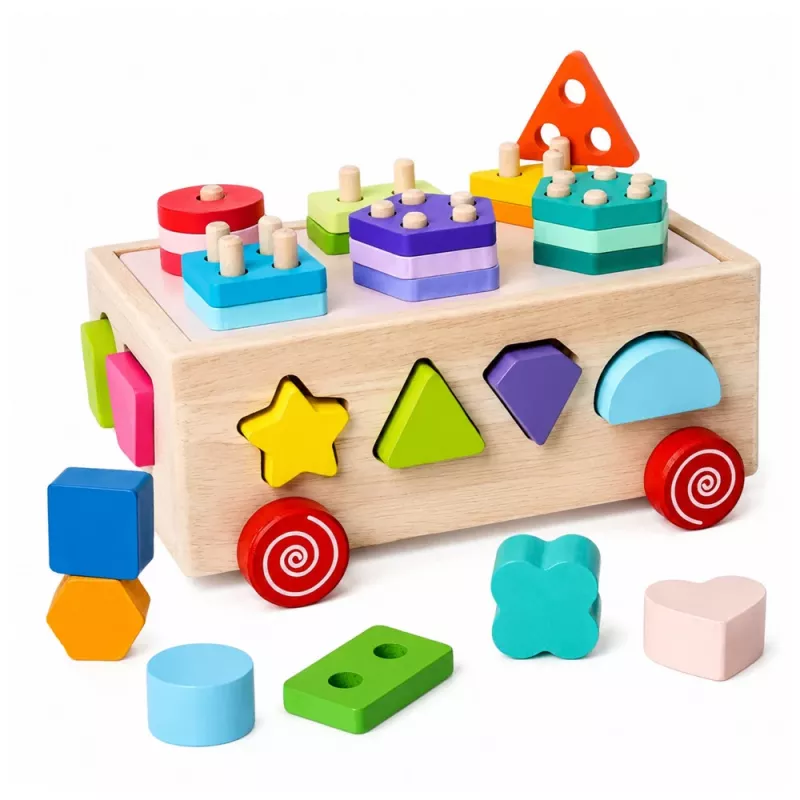 LEAN TOYS Giocattolo educativo Montessori in legno incastro su ruote forme e numeri