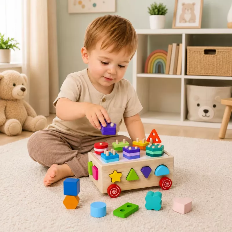 LEAN TOYS Giocattolo educativo Montessori in legno incastro su ruote forme e numeri