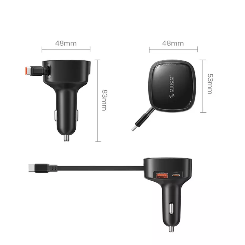 ORICO FC-66-1A2C Caricabatterie da auto 66W con cavo USB-C retrattile - Nero
