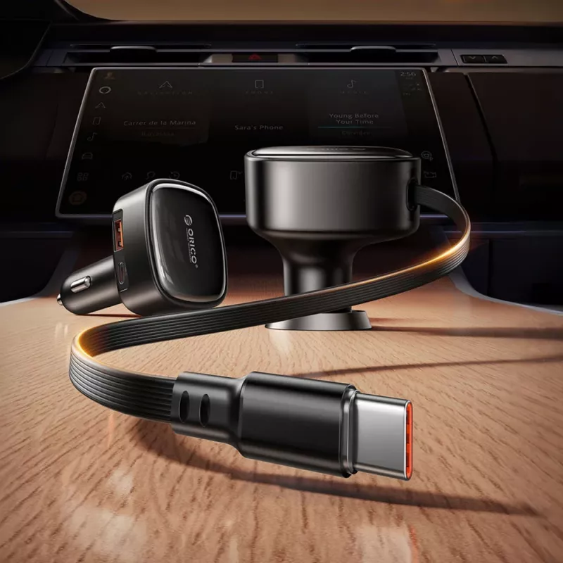 ORICO FC-66-1A2C Caricabatterie da auto 66W con cavo USB-C retrattile - Nero
