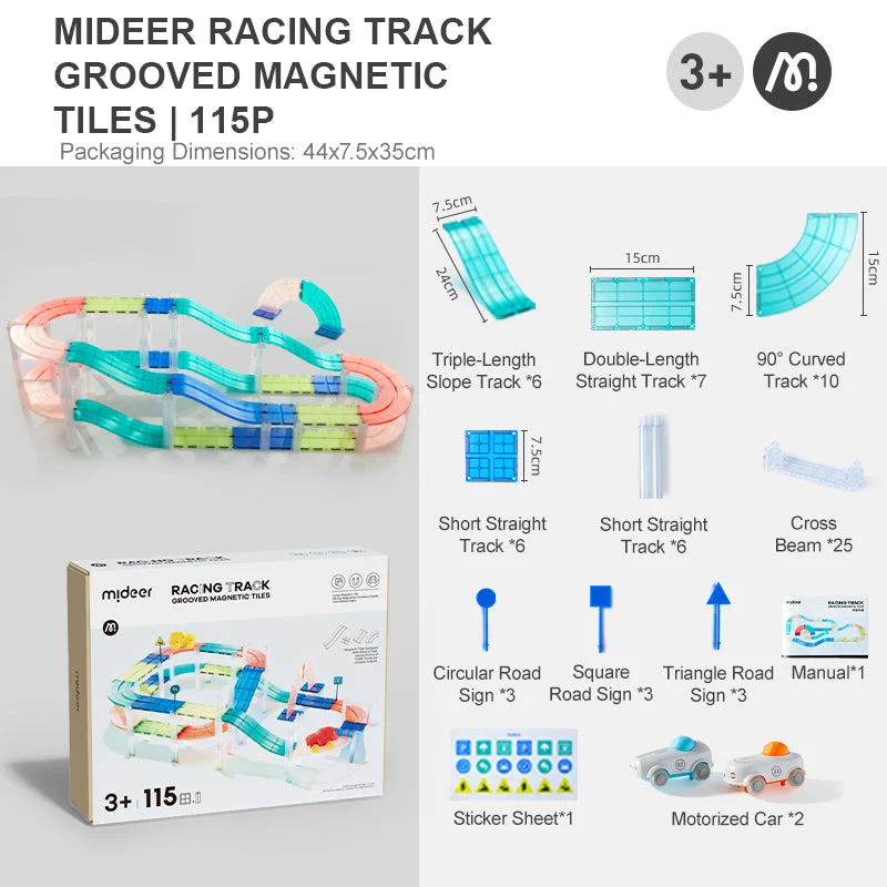 Mideer MD6395 pista magnetica con 2 auto, 115 pezzi, 3+ anni