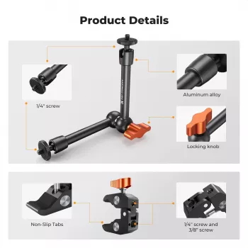 KF Magic Arm + Super Clamp kit di montaggio con filettatura 1/4 di pollice e 3/8 di pollice, morsetto 15-55 mm, nero