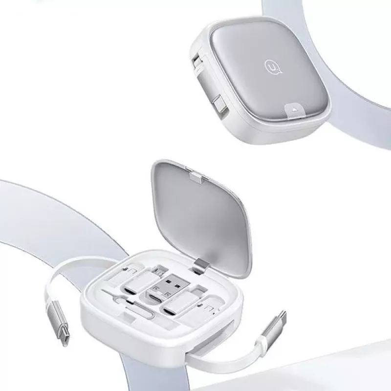 USAMS Cavo di ricarica retrattile 3-in-1 con custodia - USB-A a USB-C/Lightning/Micro USB, 60W, argento