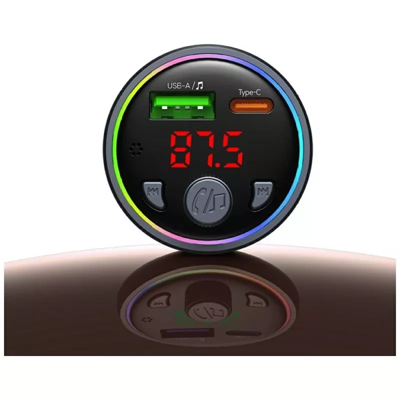 USAMS CC328 Caricabatterie da auto con trasmettitore FM Bluetooth 30W con USB-C PD e USB-A QC3.0, vivavoce, display LED, nero