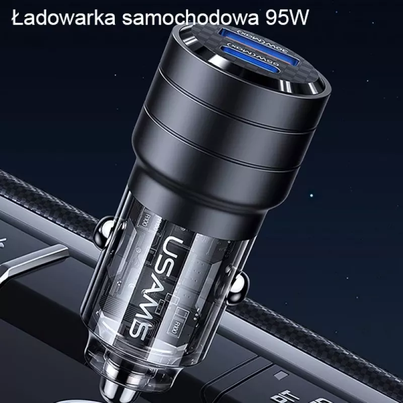 USAMS C36 95W caricabatterie auto a ricarica rapida USB + USB-C nero CC176CC01 (US-CC176)