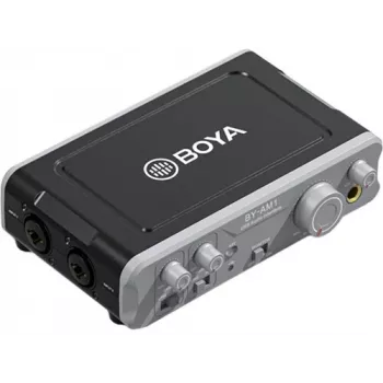 BOYA BY-AM1 interfaccia audio USB-C a 2 canali con ingressi XLR/TRS, alimentazione phantom +48V e direct monitoring