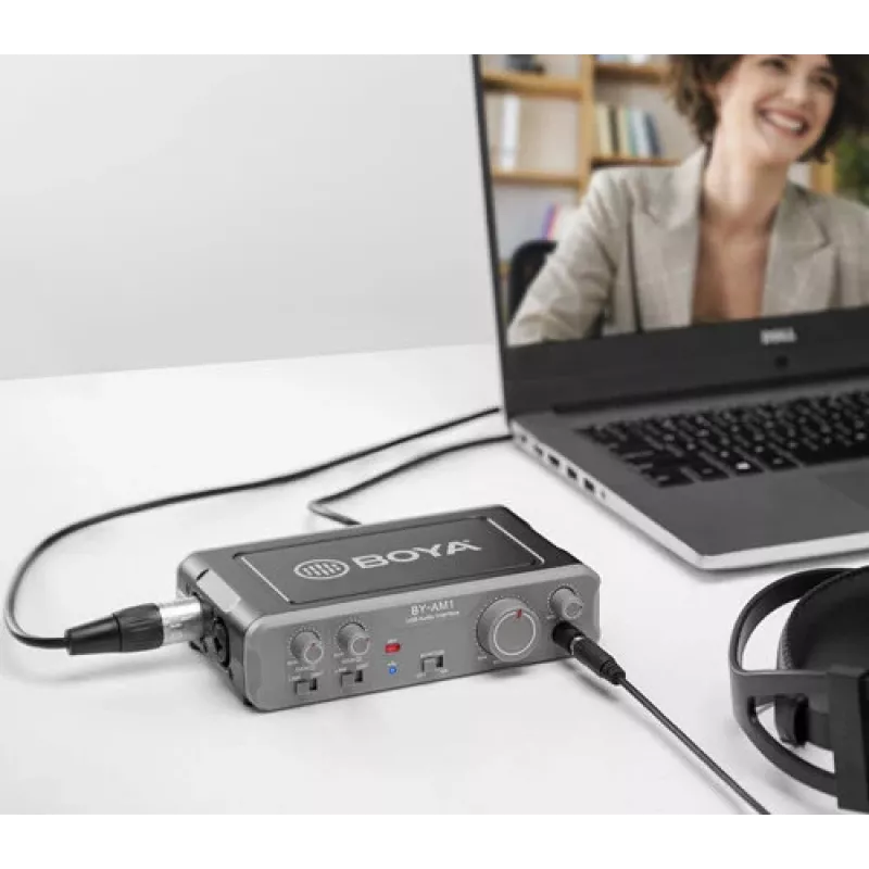 BOYA BY-AM1 interfaccia audio USB-C a 2 canali con ingressi XLR/TRS, alimentazione phantom +48V e direct monitoring