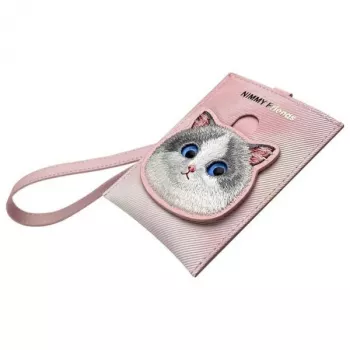 NIMMY Big Eyed Pet 2.0 gatto portacarte in pelle PU rosa con 6 scomparti per carte, vano monete e zip